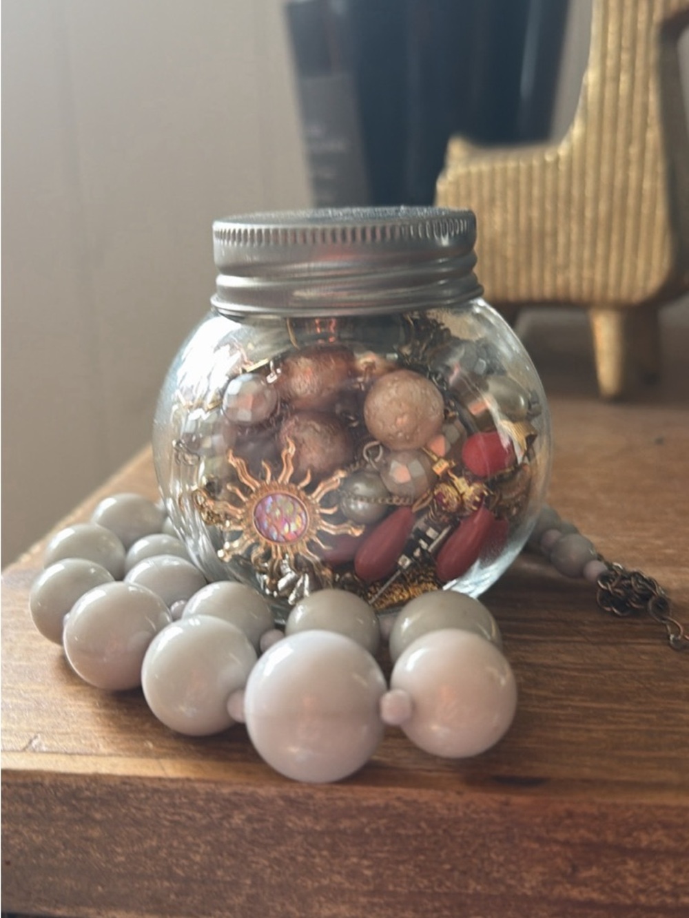 Warm romantic blush and gray mystery mini jewelry jar - lots inside even when sm